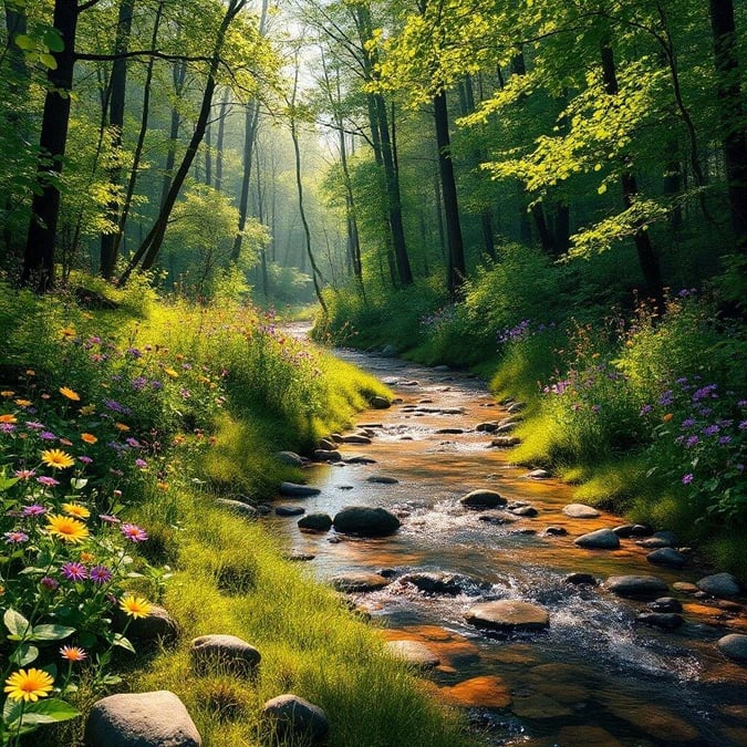 This stunning wallpaper captures the tranquility of a forest stream, surrounded by lush greenery and vibrant wildflowers. The gentle flow of the stream and the soft light filtering through the trees create a peaceful atmosphere, perfect for relaxation and contemplation.