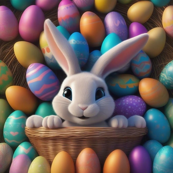 Get into the Easter spirit with this adorable bunny hiding among a basket full of colorful eggs. Perfect for desktop and mobile backgrounds!