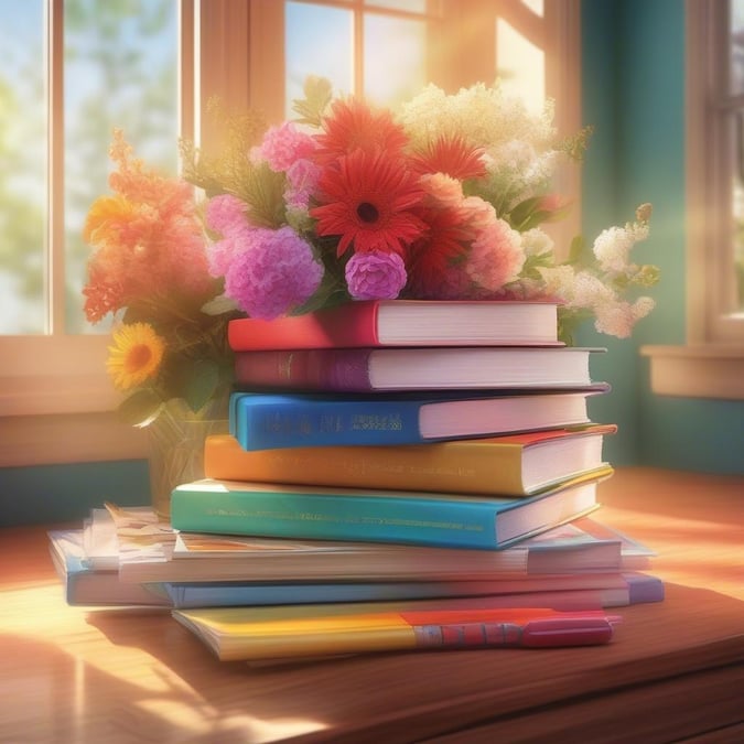 A stack of books and a bouquet of flowers on a wooden table in front of a window, symbolizing the connection between education and personal growth.