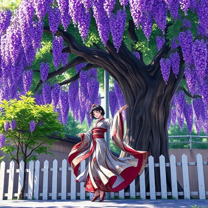 A beautiful anime geisha performs a traditional dance under a blooming wisteria arbor, surrounded by a serene and natural environment.