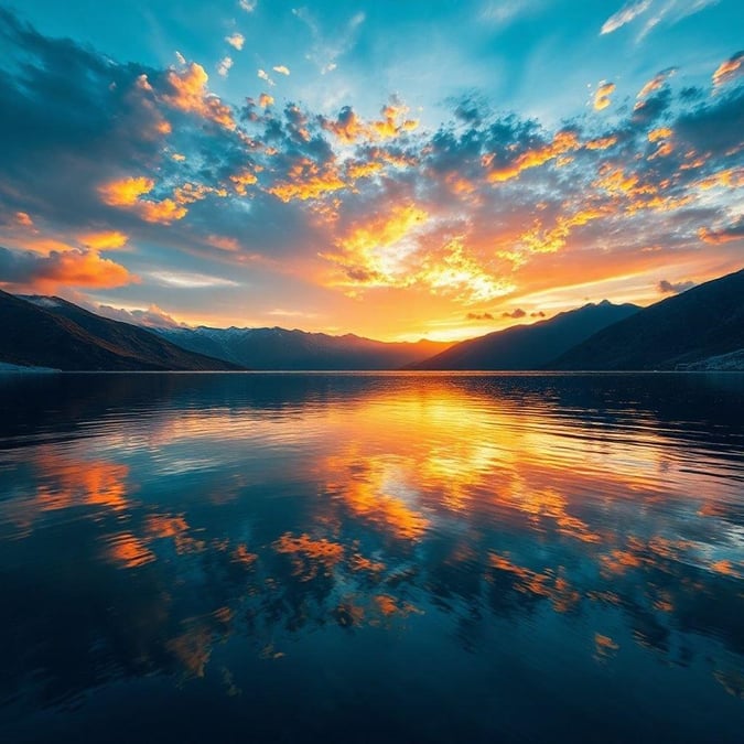 A breathtaking sunset over a tranquil lake, surrounded by majestic mountains.