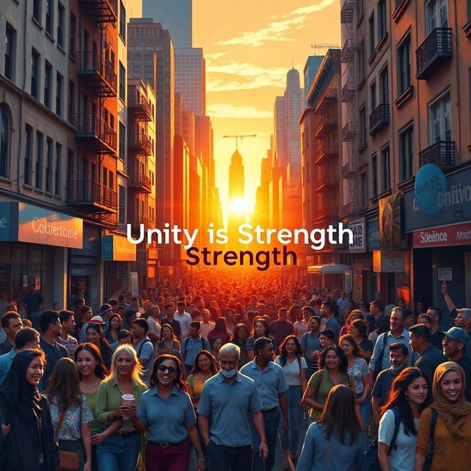 This vibrant image captures the essence of a bustling city street at sunset, embodying the spirit of unity and strength. The golden hues paint a warm backdrop for the silhouettes of people walking along the sidewalk, each with their own story yet sharing the same skyline. Amidst the crowd, a quote on a sign stands out: 'Unity is Strength'. This powerful message serves as an inspiring reminder of our collective strength and the importance of togetherness in our daily lives.