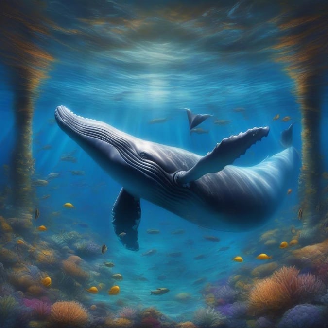 Experience the beauty and majesty of this oceanic scene. Dive into the depths with a whale amidst a vibrant coral reef.