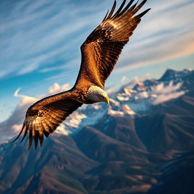 An eagle, majestic and free, soaring high above the mountains. A symbol of strength and freedom.