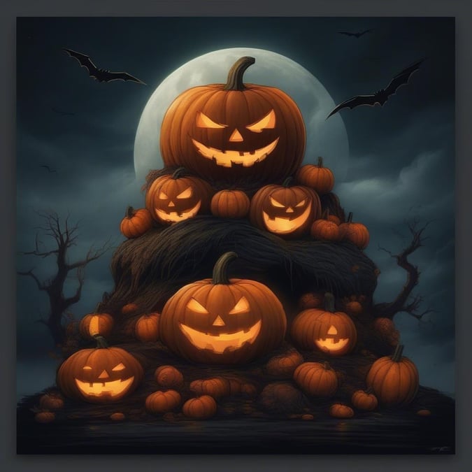 Get into the spirit of Halloween with this spooky wallpaper. Featuring a pile of jack-o'-lanterns under a full moon, it's perfect for your desktop or mobile devices.