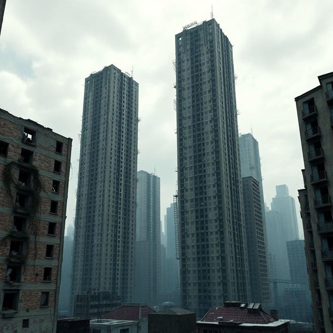 A foggy morning in an industrial cityscape, with towering skyscrapers reaching towards the low sky. Buildings are still under construction, evident from visible scaffolding and cranes.