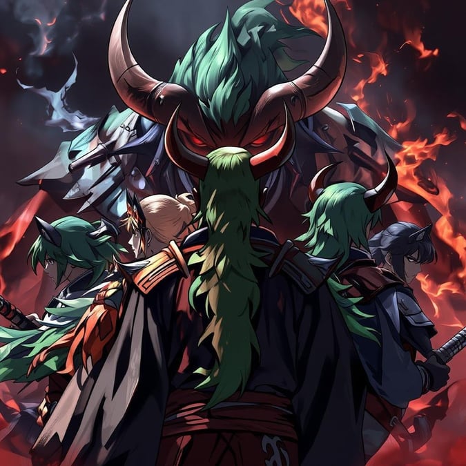 This anime illustration showcases a team of brave samurai facing away from the viewer, their vibrant green and brown fur contrasting the imposing demon behind them. The group is positioned against a dark background, emphasizing the demon's presence and power.