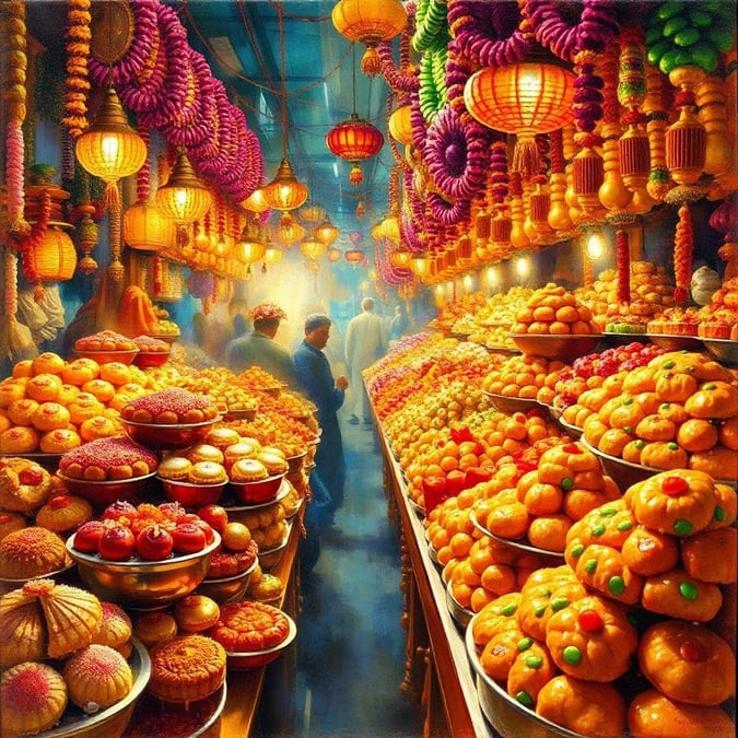 This beautiful Diwali market scene is a vibrant and colorful depiction of the festive atmosphere. The image showcases a bustling market filled with people shopping for Diwali decorations, sweets, and other festive items. The market is adorned with colorful lights, lanterns, and flowers, creating a lively and festive ambiance. The image captures the spirit of Diwali, a significant Hindu festival celebrated with great enthusiasm and joy.