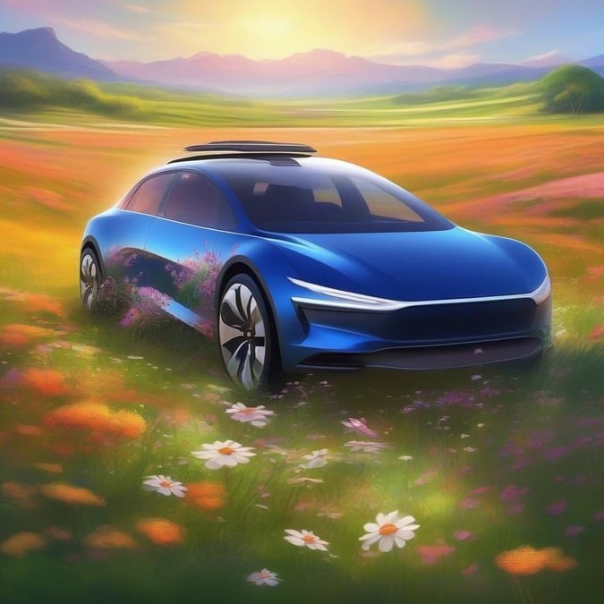 Experience the future with this sleek blue electric SUV. The cutting-edge vehicle boasts solar panels for sustainable energy, and is parked amidst a field of flowers on a sunny day, evoking tranquility.