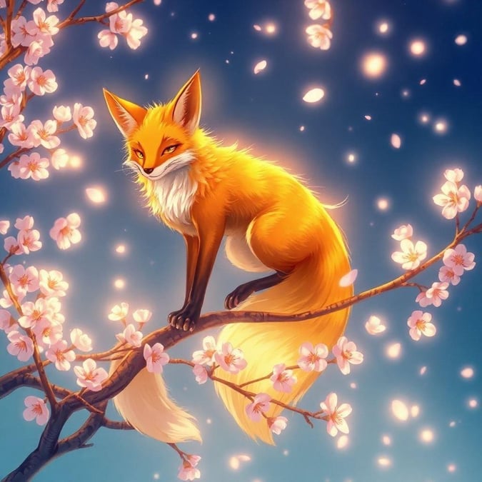 Immerse yourself in the enchanting world of anime with this captivating wallpaper featuring a fox spirit perched on a cherry blossom tree. The detailed digital illustration brings to life the vibrant orange and yellow fur of the fox, set against a deep blue background that's illuminated by warm light. The anime style adds a touch of magic to the scene, creating a truly captivating atmosphere.