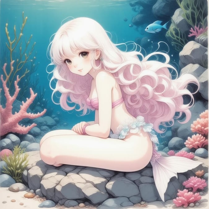 Immerse yourself in the enchanting world of anime with this captivating mermaid wallpaper. The charming mermaid, with her flowing white and pink hair, sits serenely on a rock, surrounded by the vibrant hues of coral and seaweed. A small blue fish adds a touch of whimsy to the underwater scene, creating an atmosphere that is both magical and inviting.