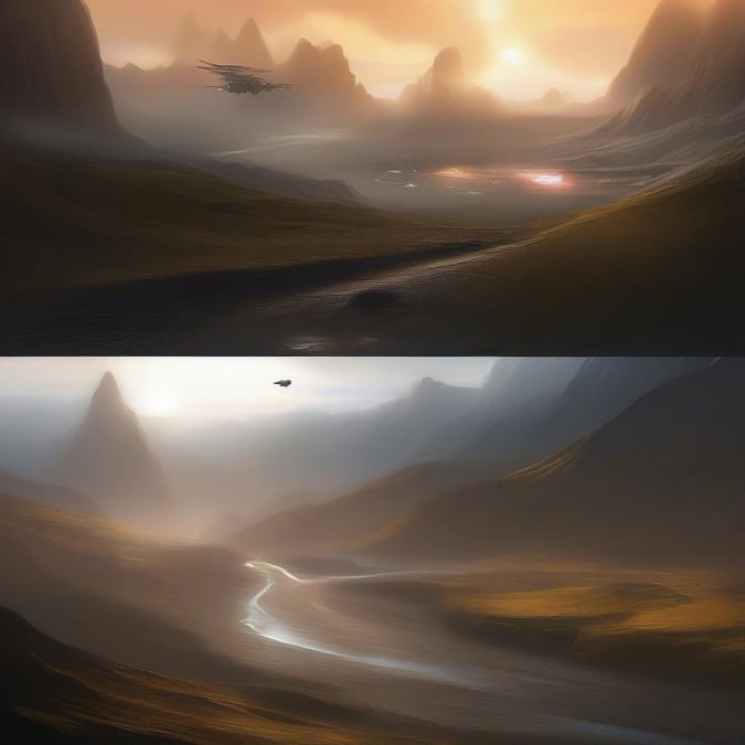 A stunning depiction of an alien desert landscape with rugged cliffs, a river running through the center, and a futuristic aircraft soaring overhead against the backdrop of a dramatic sky at either sunrise or sunset.