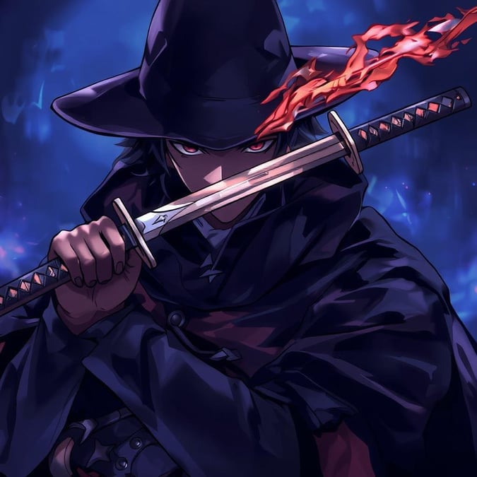 A captivating anime illustration featuring a mysterious figure, clad in a black cloak and hat, holding a sword with both hands, creating an air of intrigue and power.