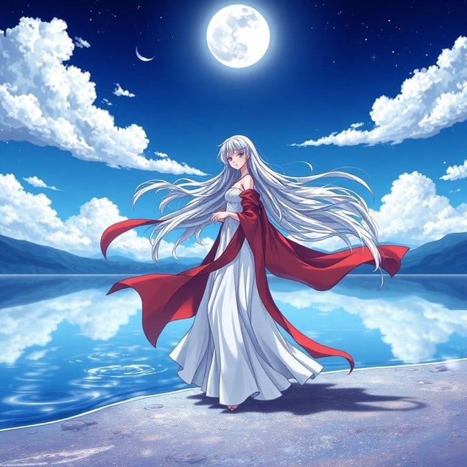 This anime wallpaper features a serene and ethereal scene of a woman standing on the shore of a lake, surrounded by a moonlit sky and a flowing red robe.