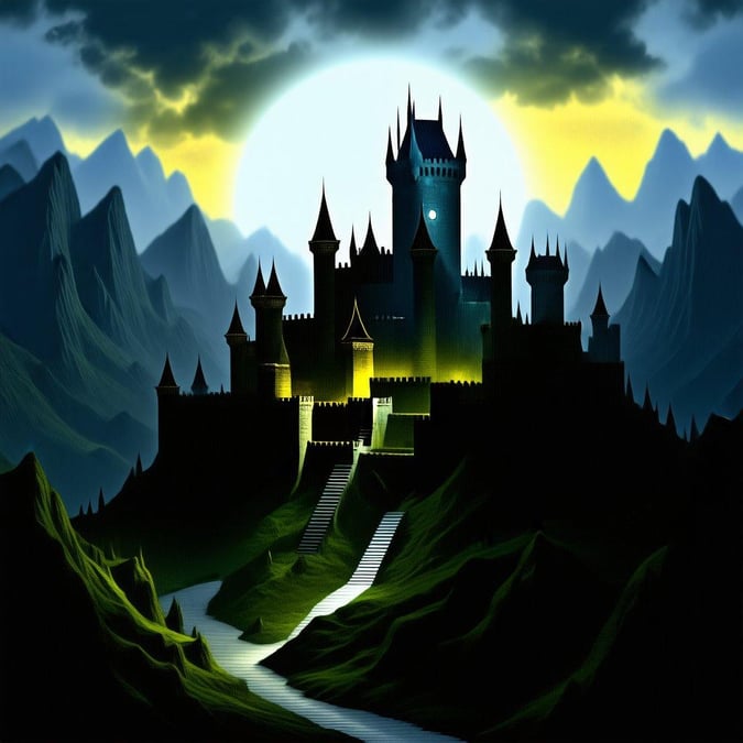 A dark fantasy scene featuring a castle on a hill with lights glowing from within, set against the backdrop of a full moon. The winding path leads up to the imposing structure, inviting adventure and mystery.