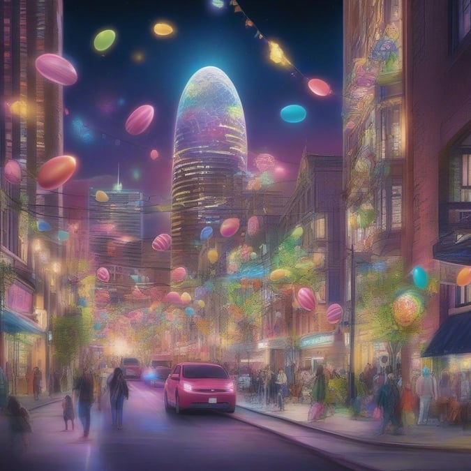 This festive city street is adorned with colorful decorations for the Easter holiday, creating a joyous atmosphere. The large, illuminated Egg sculpture at the end of the street serves as a focal point, adding to the charm and delight of the season.