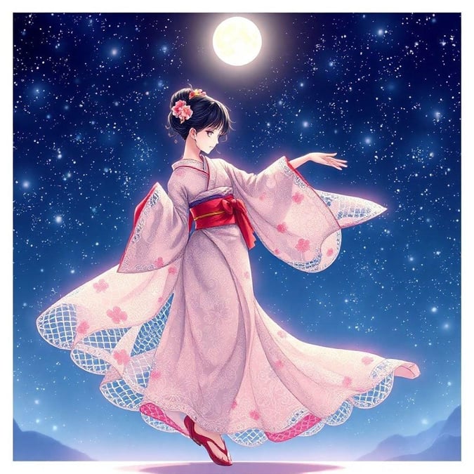 A serene and enchanting scene of a geisha dancing under a starry night sky, with intricate details and a lace-like kimono.