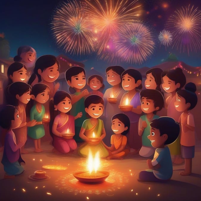 A colorful celebration with people gathered around lit candles, fireworks exploding in the background as they enjoy the traditional Indian festival.