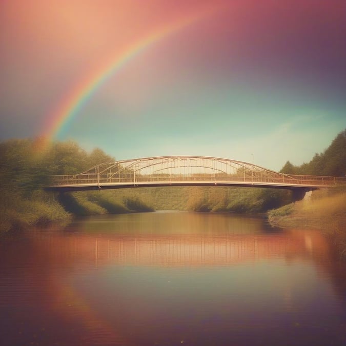 A stunning image of a bridge spanning a river, with a vibrant rainbow arcing across the sky.