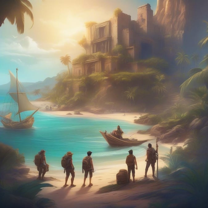 Embark on a thrilling journey with this captivating wallpaper, perfect for kids and cartoon enthusiasts. The image showcases a group of adventurers standing on a beach, gazing out at a majestic castle in the distance, surrounded by lush greenery and a serene blue sea. The warm sunlight casts a golden glow, evoking a sense of excitement and possibility. Whether you're a fan of fantasy or just looking for a unique and inspiring background, this image is sure to delight.