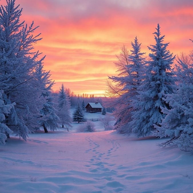 A serene winter scene with snow-covered trees, a cozy cabin nestled in the woods, and the beautiful soft pink glow of a sunset. Perfect for a festive Christmas wallpaper.