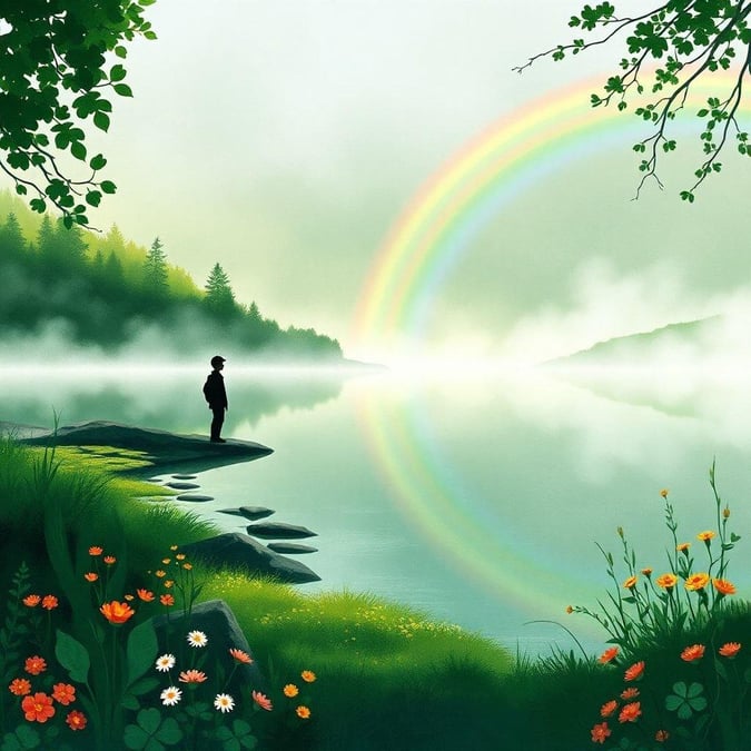 This beautiful wallpaper captures the essence of St. Patrick's Day with a stunning rainbow over a serene lake. The vibrant colors and peaceful atmosphere make it a perfect addition to any desktop or mobile device.