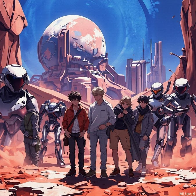 A group of people discover a futuristic city on Mars, where humans and robots live together. In this fantastical scene, the friends pose for a photo amidst advanced technology.