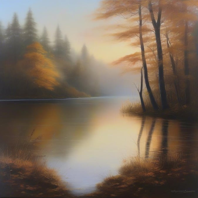 Immerse yourself in the tranquility of this autumnal scene, where the warm hues of the setting sun dance across the tranquil lake, surrounded by trees ablaze with vibrant orange and yellow leaves.