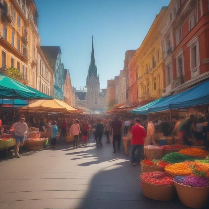 This image captures the vibrant atmosphere of a bustling city market, with a stunning cathedral in the background.