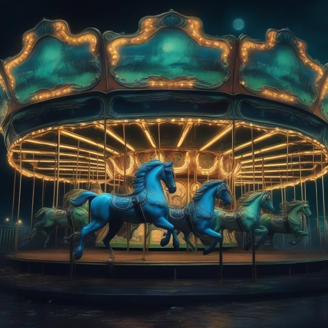 A magical Halloween carousel at twilight, with ethereal horses in motion.