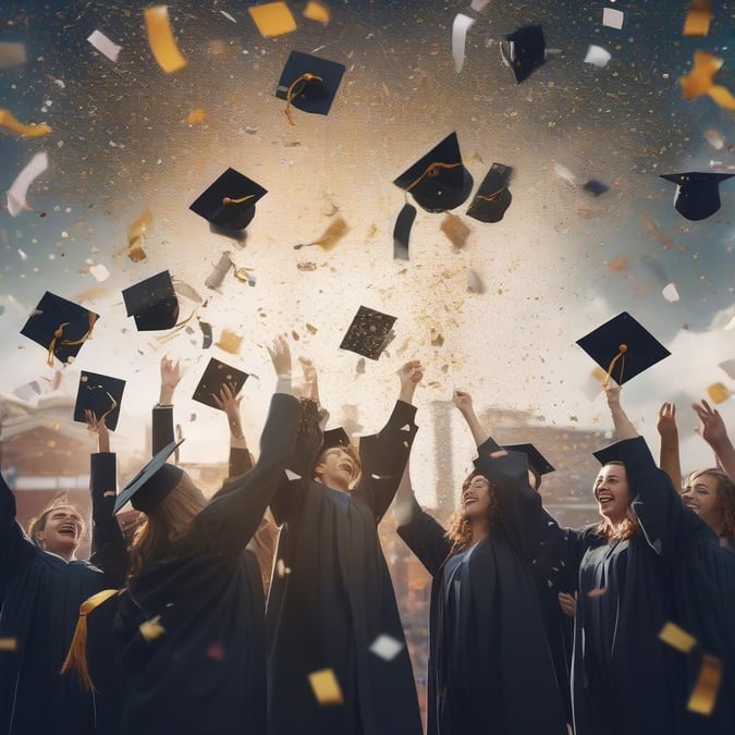 A group of joyful graduates throw their caps into the air as they celebrate their achievement.