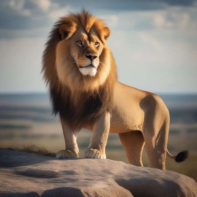 A lion stands confidently on the edge of a rocky outcropping, surveying the vast expanse of the savanna. The vibrant colors and lifelike detail capture the essence of this majestic animal in its natural habitat.