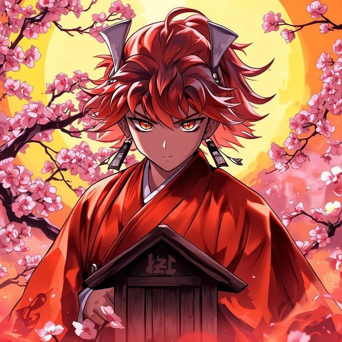 Immerse yourself in the serene beauty of this anime-inspired wallpaper, where a young samurai stands proudly amidst a mountain of cherry blossoms. The vibrant red and orange hues of his hair dance against the warm yellow background, creating a stunning visual contrast. In the foreground, a small wooden hut adds a touch of warmth to the scene, inviting you to step into this tranquil paradise.