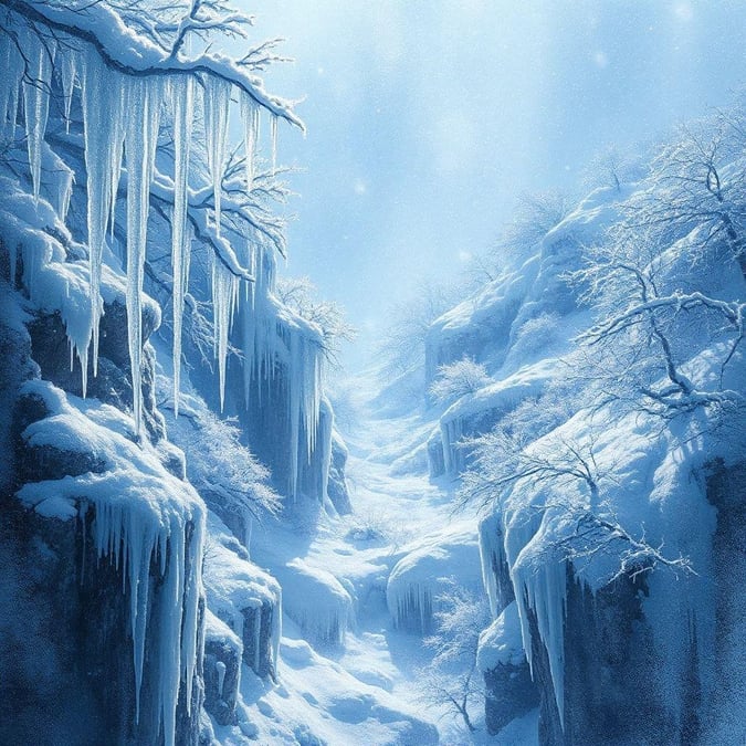 A serene winter landscape featuring snow-covered cliffs with icicles, an icy blue sky, and a winding mountain path leading to a distant valley. The image is bathed in a dreamy light that softens the coldness of the scene.