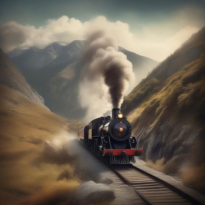 Experience the nostalgic charm of a bygone era with this vintage train journeying through a majestic mountain pass. The powerful locomotive, adorned with an iconic smokestack and vibrant hues, adds to the allure of this picturesque adventure.