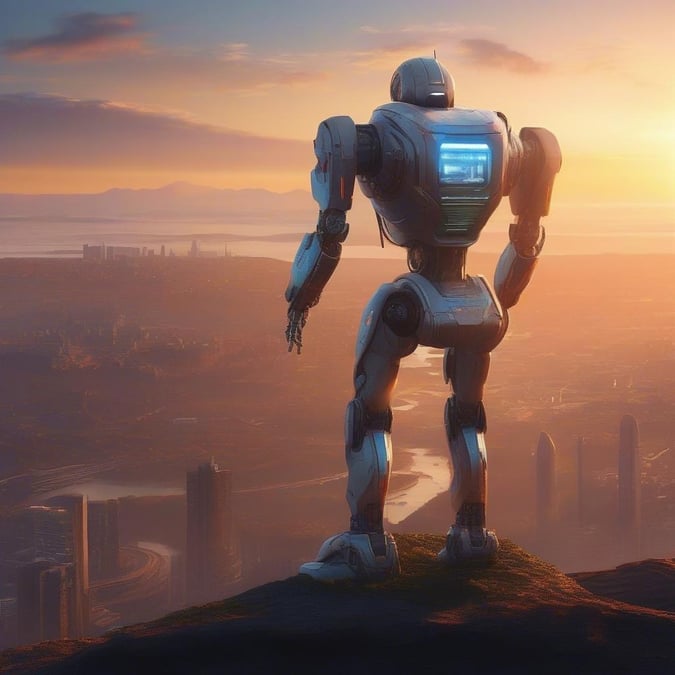 A solitary robot stands sentinel over a futuristic cityscape at sunset, its gaze fixed on the horizon.