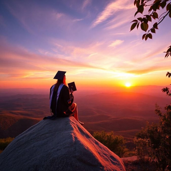 A graduate celebrating their academic achievement while watching the sunset.