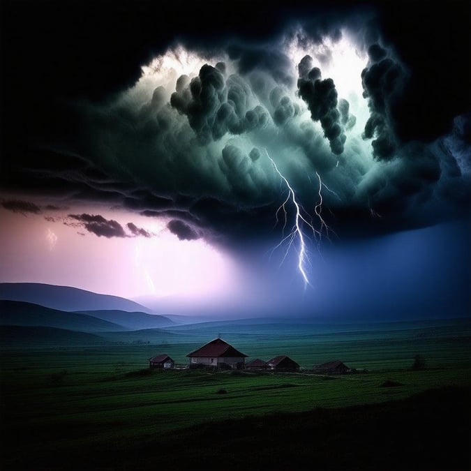 A dramatic sky with dark clouds looming over a peaceful rural landscape, featuring farm houses. The scene suggests an impending change of weather conditions.