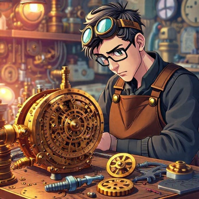 Denna fängslande tapet med steampunk-tema har en detaljerad digital illustration av en uppfinnare omgiven av kugghjul och prylar, med fokus på den intrikata klockmekanismen.