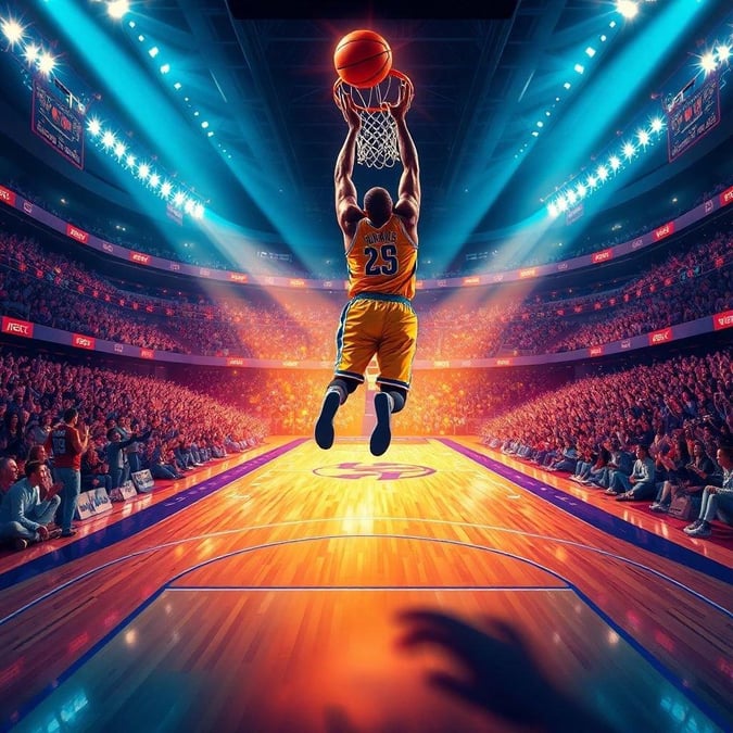 An energetic basketball player, captured mid-air as he attempts to score a basket. This image is perfect for sports enthusiasts or those who enjoy action and competition.