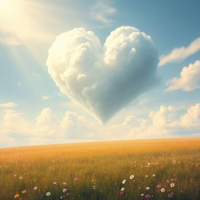 A whimsical wallpaper that embodies the joy of Valentine's Day. A vibrant field blooms beneath a radiant sky, where clouds form the shape of a heart, symbolizing love and affection.