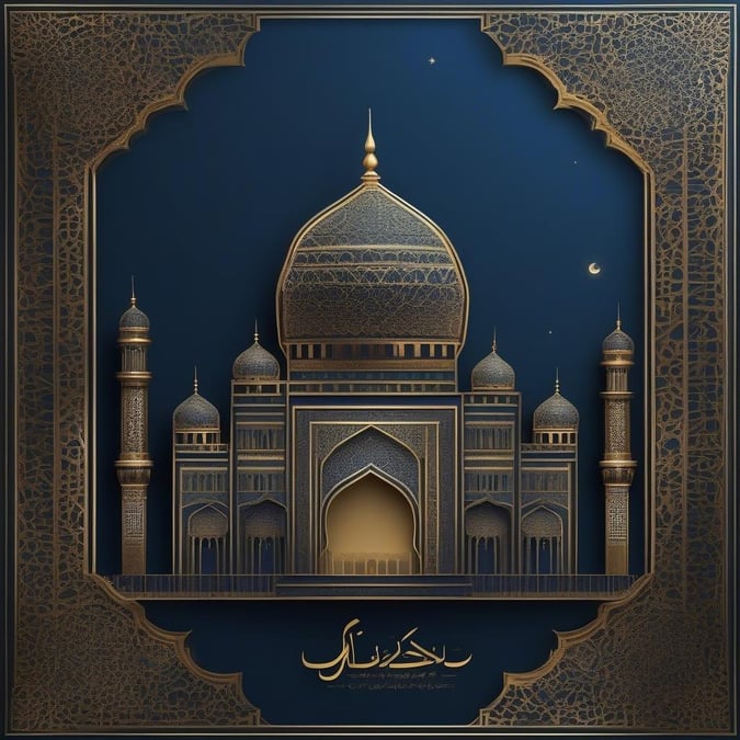 Celebrate the beauty of Islamic architecture with this digital art wallpaper. The majestic Taj Mahal in India, known for its intricate designs and blue hues, glows with golden accents, making it a perfect centerpiece for Ramadan or Eid celebrations.