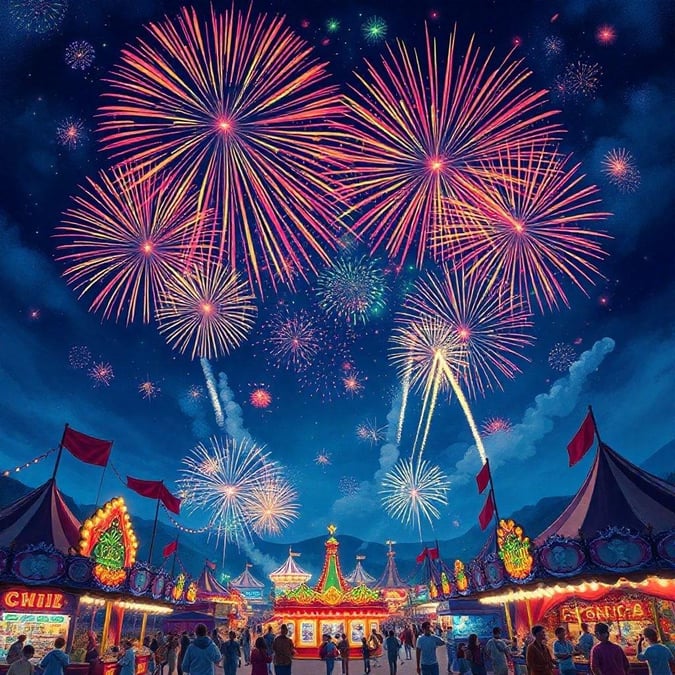 Experience the magic of a carnival at night, with fireworks lighting up the sky and people enjoying the festivities.