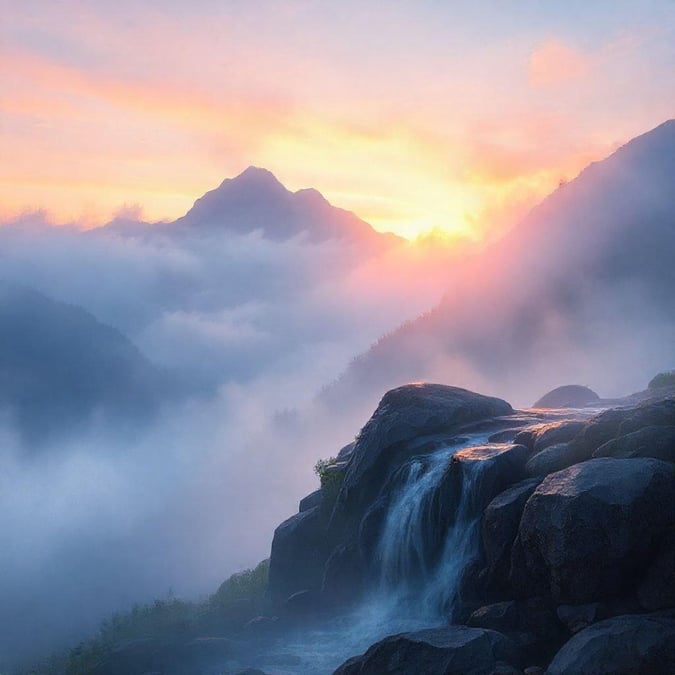 Uma cena tranquila de um vale montanhoso banhado na luz quente de um pôr do sol. O céu é pintado com tons de laranja e rosa, refletindo na cachoeira que deságua através da atmosfera nebulosa. Rochas de vários tamanhos e tonalidades dominam o primeiro plano, adicionando textura e profundidade à paisagem. Esta cena captura a serenidade e a beleza da natureza durante a hora dourada.