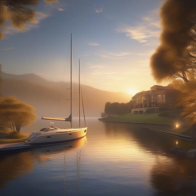 Une vue sereine d'un yacht de luxe amarré dans une marina haut de gamme pendant le coucher de soleil, avec des montagnes au loin et une grande maison à proximité.