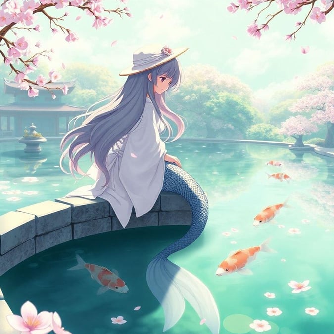 A serene anime scene featuring a mermaid in a white robe and hat, sitting by a giant koi pond in Japan.