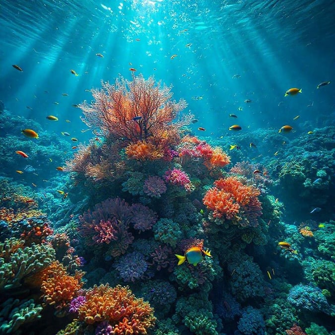 Explore the breathtaking beauty of an underwater coral reef, teeming with vivid colors and diverse marine life.