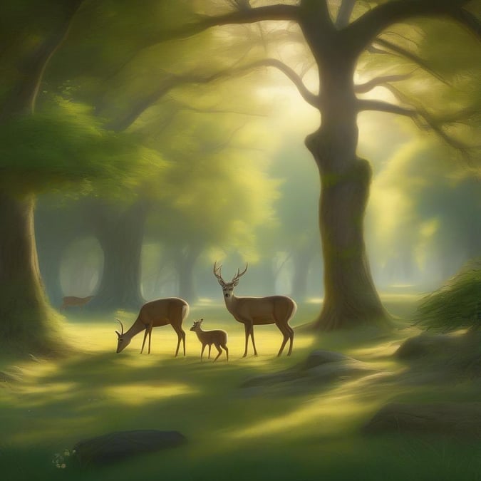 A tranquil scene in a woodland clearing, with adult deer and fawn enjoying the morning sun.