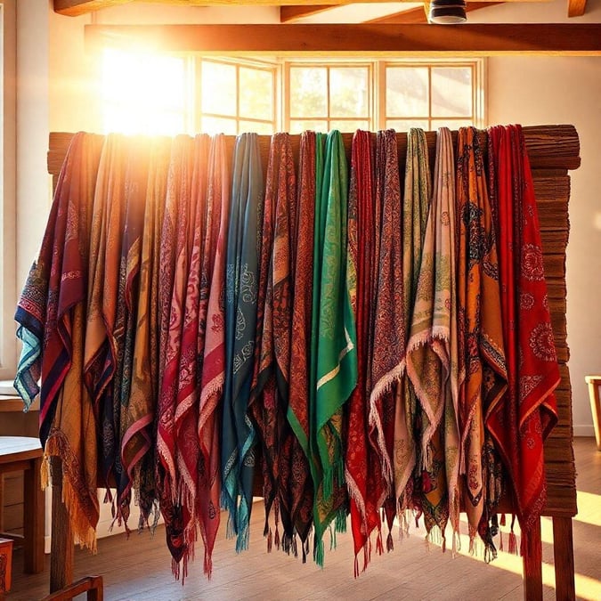 Colorful collection of scarves arranged in a row, perfect decorative display for any room. Perfect for fashion enthusiasts or as a stylish wallpaper for tech devices.