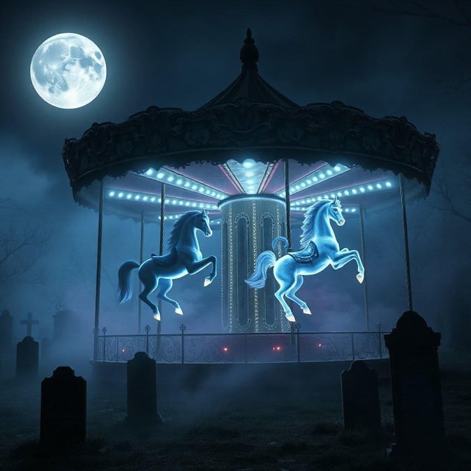 This hauntingly beautiful wallpaper captures the essence of Halloween, with a spooky graveyard and carousel horses set against a dark and eerie sky. The image is perfect for those who love the thrill of Halloween and want to add a touch of spookiness to their desktop or mobile wallpaper.